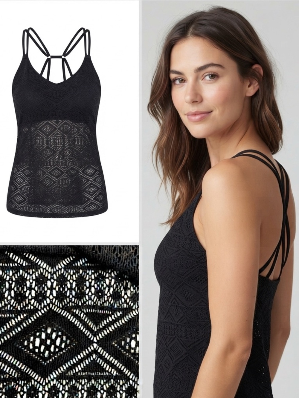 Strappy Vixen Women Black Crochet Tankini Swim Top S M Geometric Lace Light Bra